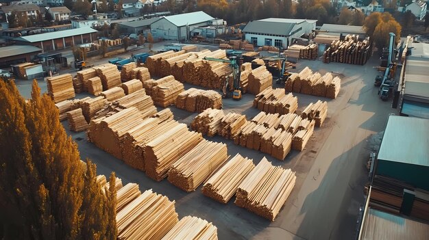 Photo aerial view of a lumber yard with stacks of wood and forklifts