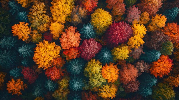 Photo aerial view of a lush autumn forest with the bright foliage creating a stunning mosaic of warm colors