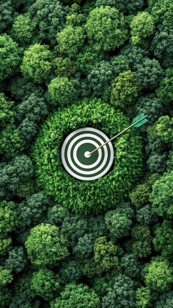 Photo aerial view of a lush forest with a target and arrow symbolizing environmental goals at sunrise