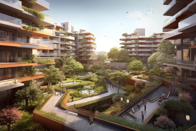 Aerial view of a lush gardenstyle community with numerous people enjoying the greenery