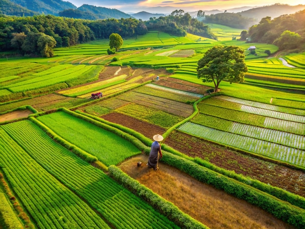 Aerial view of lush green agricultural fields and plantations highlighting the beauty and productiv