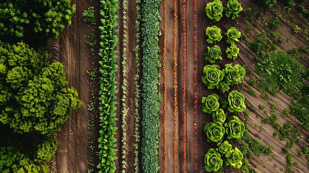 An aerial view of a lush green farm field