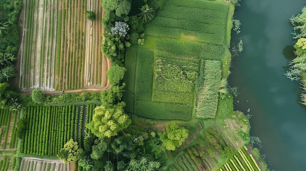 Aerial view of lush green farmland with a winding river