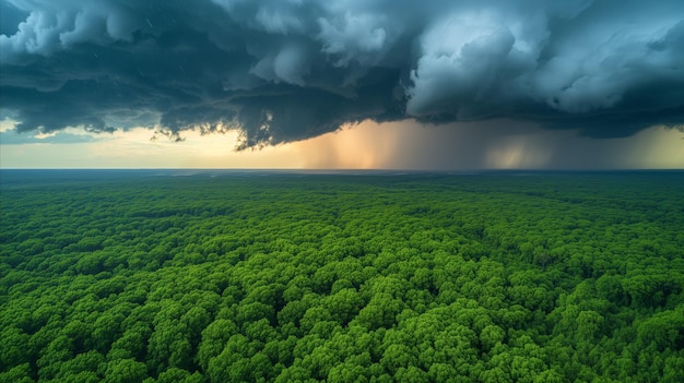 Aerial View of Lush Green Forest Under Cloudy Sky