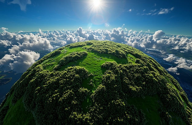 Aerial View of Lush Green Forest with Clouds and Sun