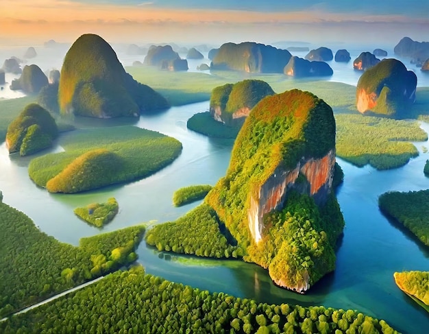 Aerial View of Lush Green Limestone Karsts and Winding Rivers at Dawn in Phang Nga Bay Thailand