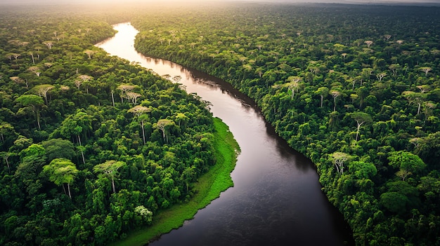 Photo aerial view of a lush green rainforest with a winding river