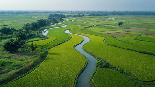 Photo aerial view of lush green rice paddies