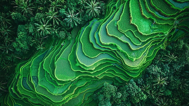 Aerial View of Lush Green Rice Terraces with Palm Trees