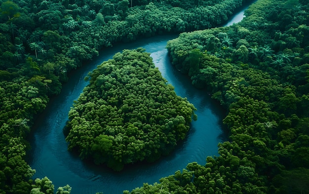 Photo aerial view of a lush green river winding through a dense tropical rainforest