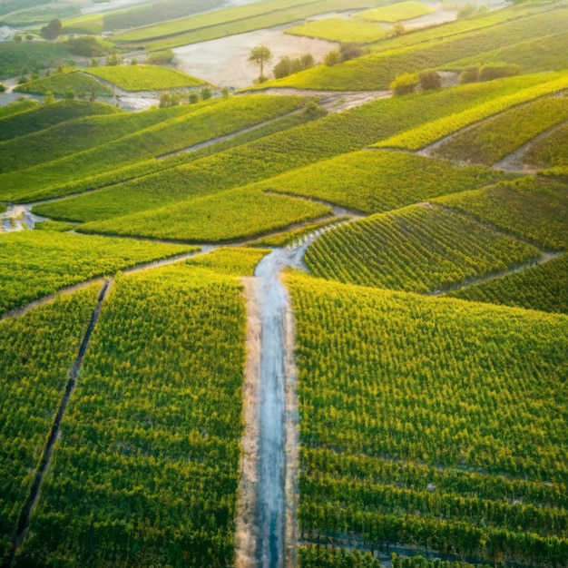 aerial view of lush green vineyard