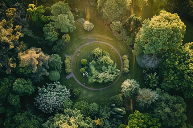 Photo aerial view of lush greenery and serene landscape showcasing a circular garden surrounded by rich trees and vibrant plants