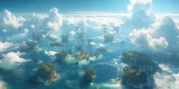 Photo aerial view of lush islands surrounded by clouds and ocean