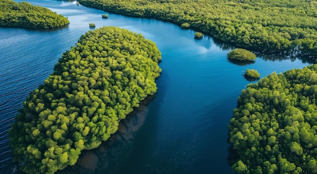 Aerial View of Lush Mangrove Forest and Winding Waterway