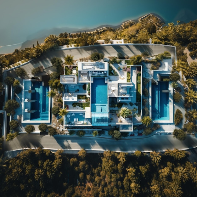 aerial view of a luxury home with a pool and a beach generative ai