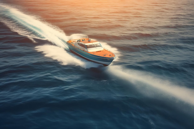 Aerial view of luxury speedboat floating on the sea