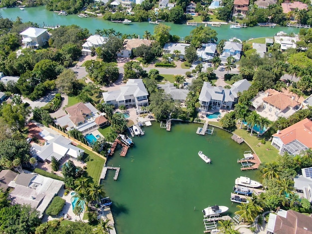 Aerial view of luxury villas and their private boat in Bay Island in Sarasota Florida USA