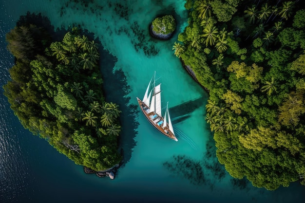 Aerial view of luxury yacht sailing across tranquil blue waters surrounded by green foliage created with generative ai