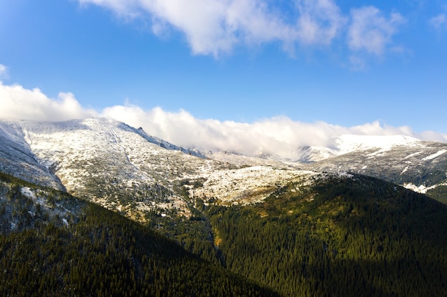 Aerial view of majestic mountains covered with green spruce forest and high snowy peaks.