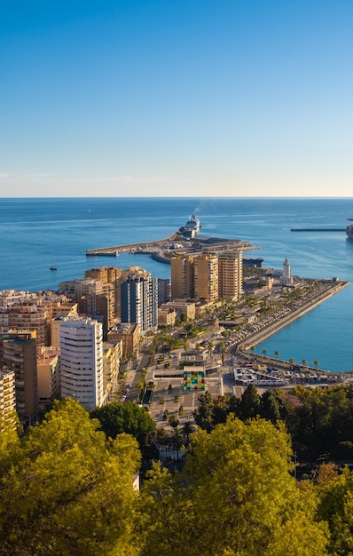 Aerial view of Malaga taken from Gibralfaro castle including port of Malaga Andalucia Spain