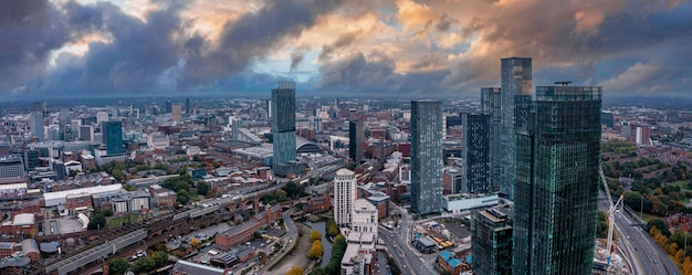 Aerial view of Manchester city in UK on a beautiful sunny day.