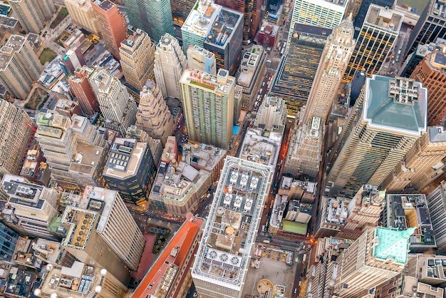 Aerial view of Manhattan skyline at sunset, New York City in United States