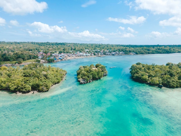 Aerial view of many small island in Maluku, Indonesia