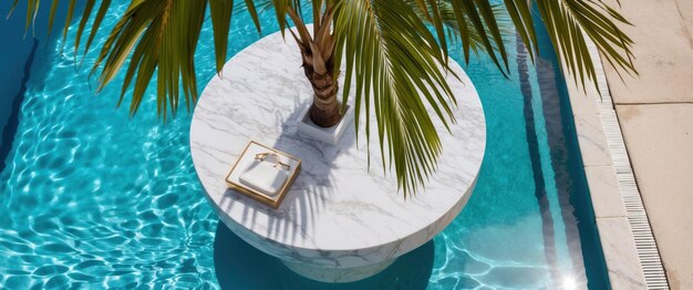 Photo aerial view of a marble podium in a serene swimming pool setting