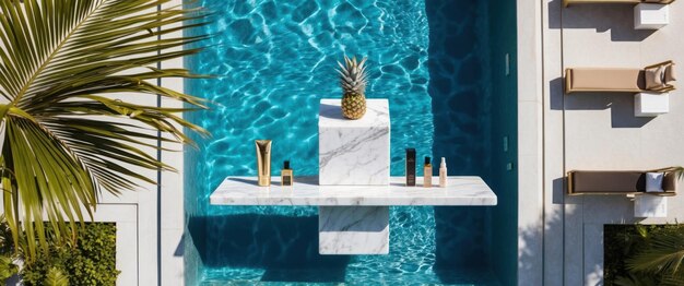 Photo aerial view of a marble podium in a serene swimming pool setting