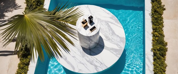 Photo aerial view of a marble podium in a serene swimming pool setting