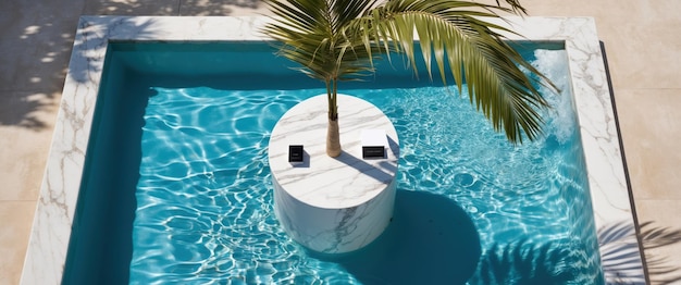 Photo aerial view of a marble podium in a serene swimming pool setting