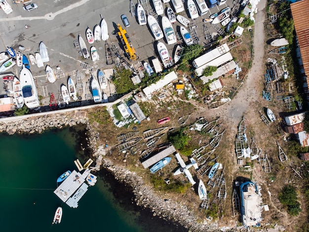 Aerial view of marina port in Bulgarian town Sozopol Drone view from above Summer holidays destination