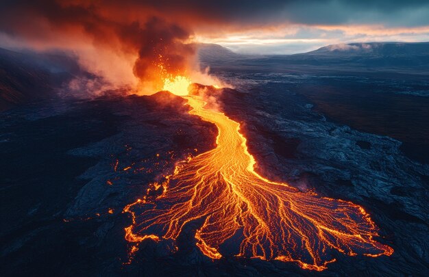 Aerial view of a massive lava flow from an erupting volcano in Iceland at night