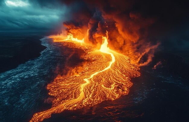 Aerial view of a massive lava flow from an erupting volcano in Iceland at night