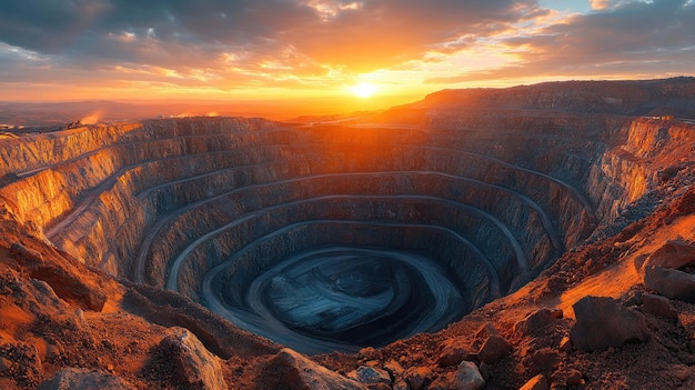 Aerial view of a massive openpit mine at sunset with the sun setting behind the rim of the crater