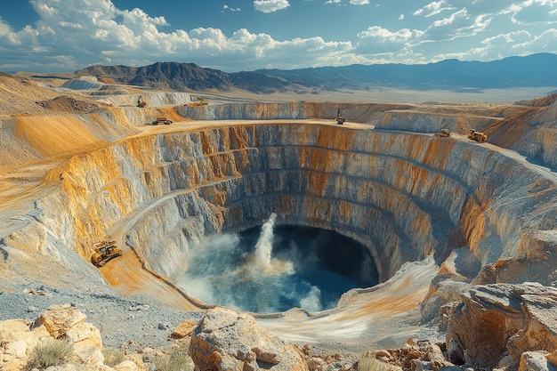 An aerial view of a massive openpit mine with heavy machinery working to extract minerals from the earth