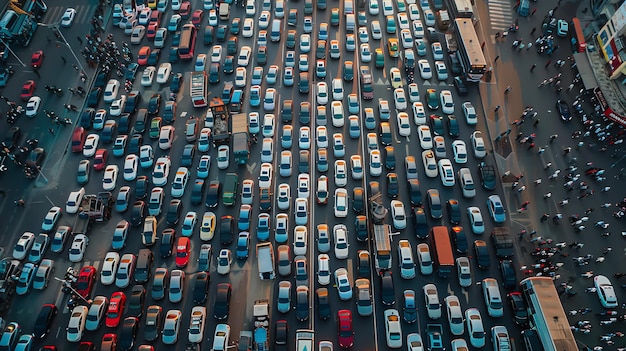 Aerial view of a massive traffic jam on a city street