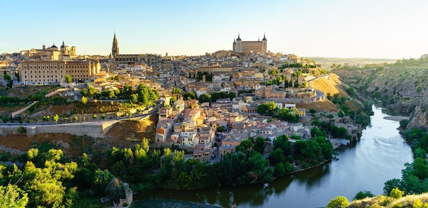 Aerial view of the medieval city of Toledo with the Tagus River at its feet Spain