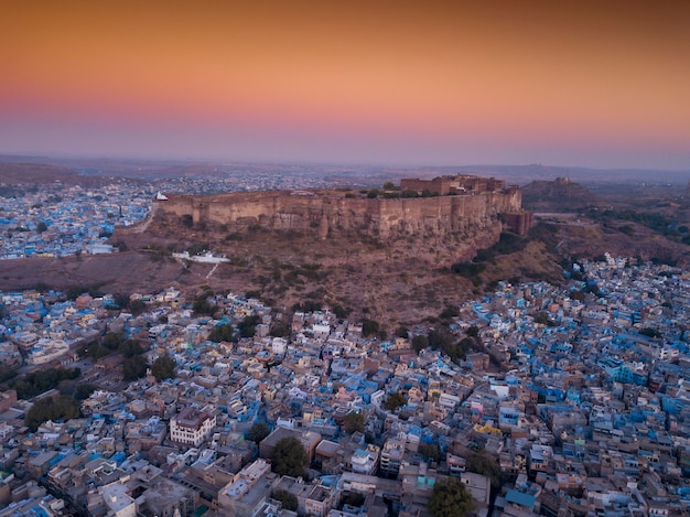 Aerial view of Mehrangarh Fort at sunset