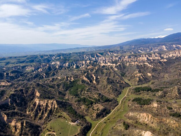 Aerial view of Melnik sand pyramids near village of Zlatolist Bulgaria