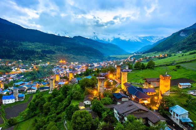 Aerial view of Mestia village with typical tower houses. Upper Svaneti, Georgia