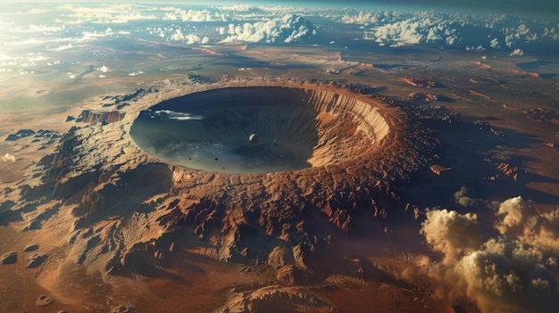 Photo aerial view of meteor crater in desert landscape at sunset