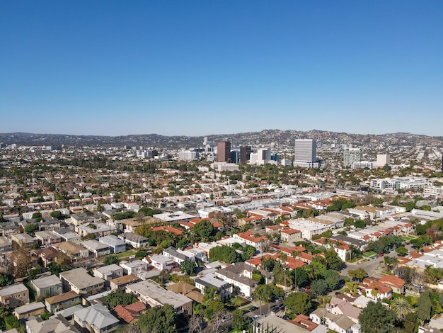 Aerial view above MidCity neighborhood in Central Los Angeles California USA