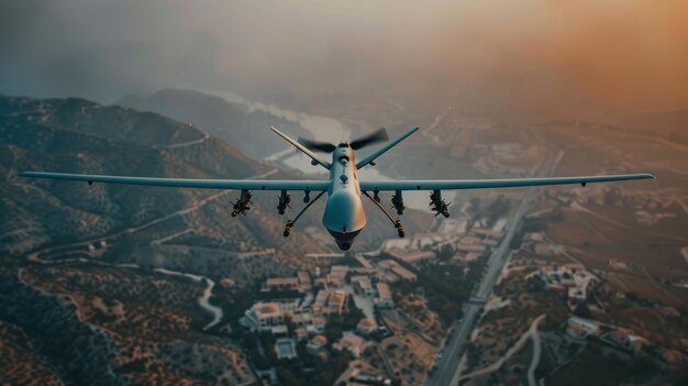 Photo aerial view of a military drone flying above a mountainous landscape at dusk the unmanned