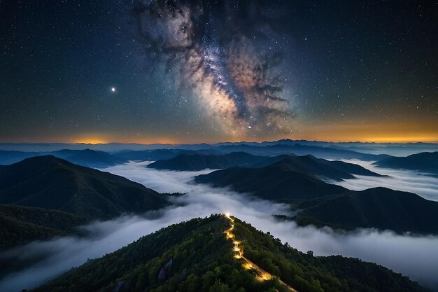 Aerial view of the Milky Way over the mountains in the fog at night