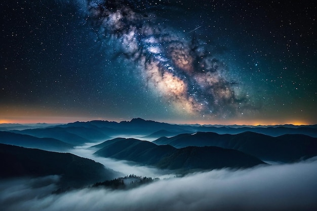 Aerial view of the Milky Way over the mountains in the fog at night