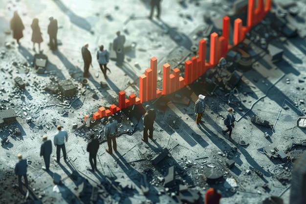 Photo an aerial view of miniature figures amidst a ruined city with a red bar graph symbolizing the rise of job losses create a visualization of job losses during an economic downturn