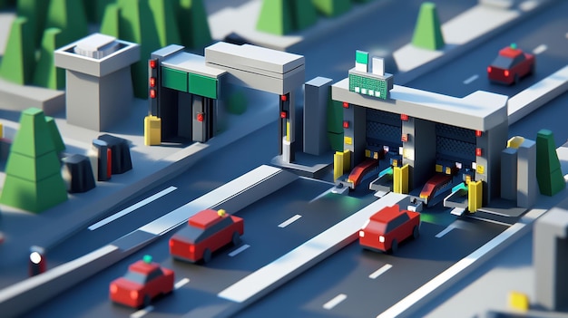 Photo aerial view of a miniature toll booth on a busy highway surrounded by trees and vehicles