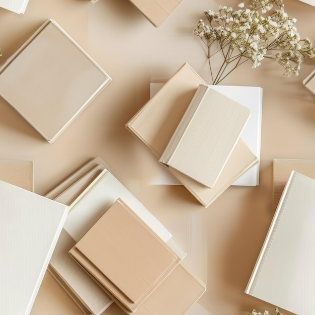 Photo aerial view of minimalist books arranged on a neutral background ideal for creative design projects