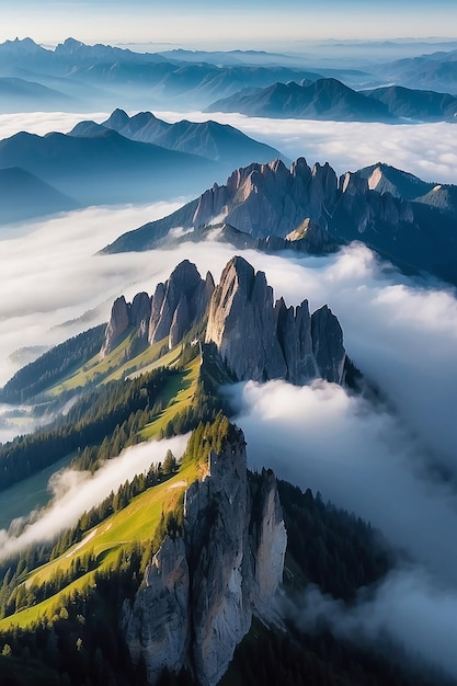 Photo aerial view of misty morning mountains in the dolomites italy stunning nature scenery